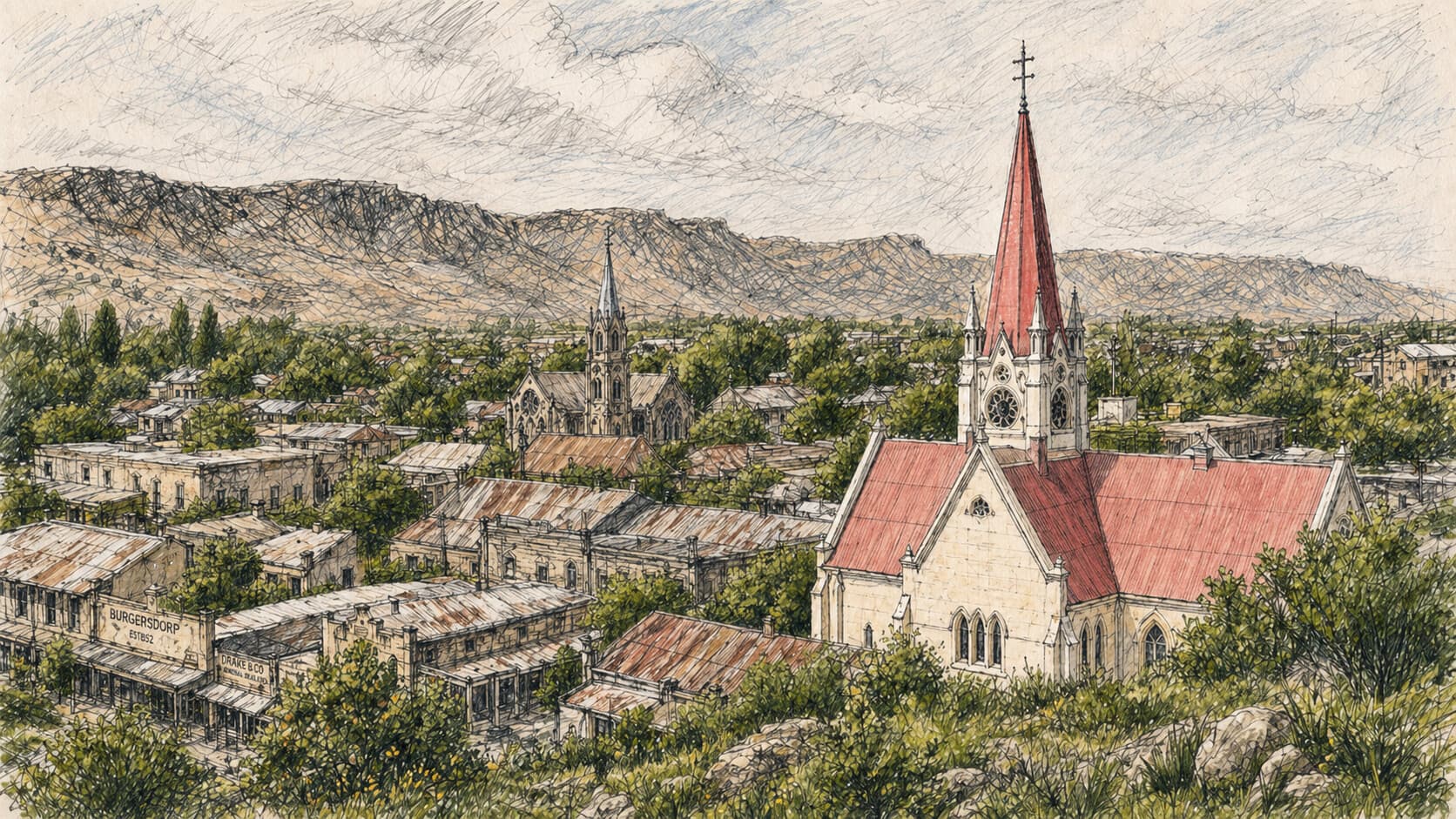 'n Tekening van Burgersdorp, met die Gereformeerde Kerk regs